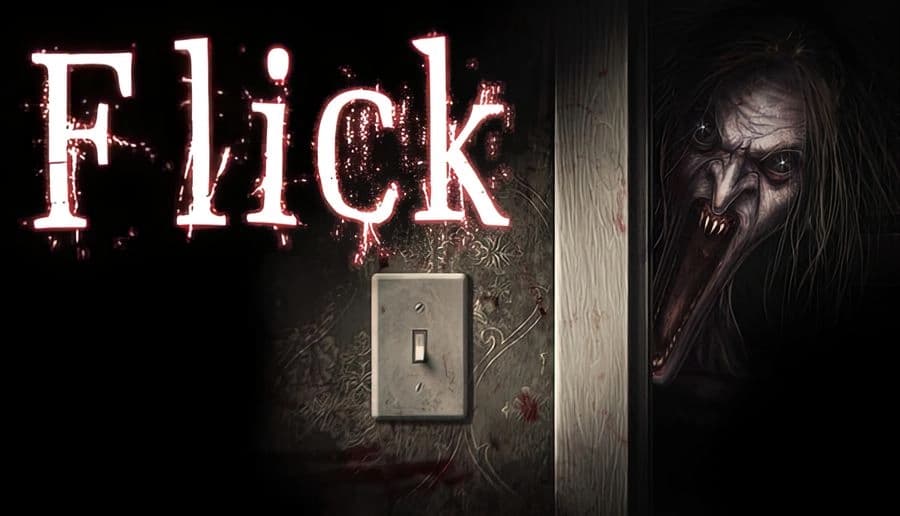 Flick: light switch on stained wall as a pale long-haired monster peers from a dark doorway in a decayed room.