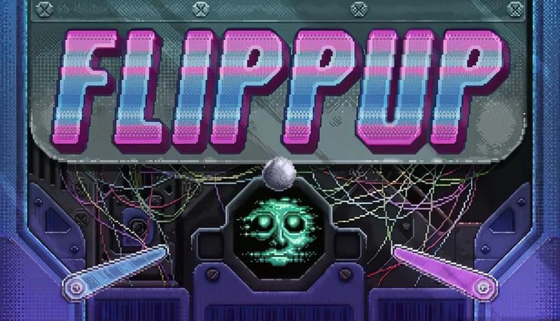 FlippUp: Neon pinball machine with glowing skull face, tangled wires, flippers, and metallic backdrop in sci-fi style.