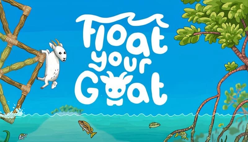 Float Your Goat: A goat swings from a vine over a river with fish, surrounded by lush trees against a clear blue sky.