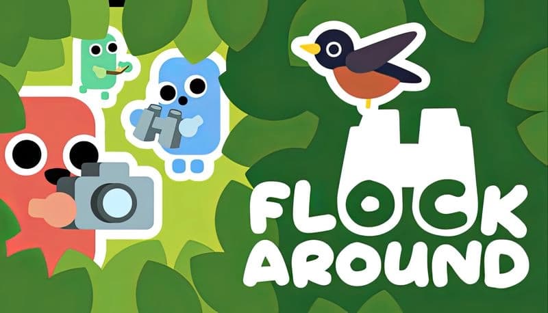 Flock Around: Colorful bird characters photographing a robin in a lush green jungle, showcasing birdwatching adventure.