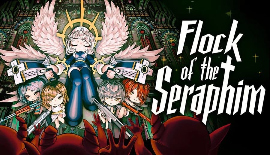 Flock of the Seraphim: Winged angel woman aims pistols above four girls before stained-glass archway background.