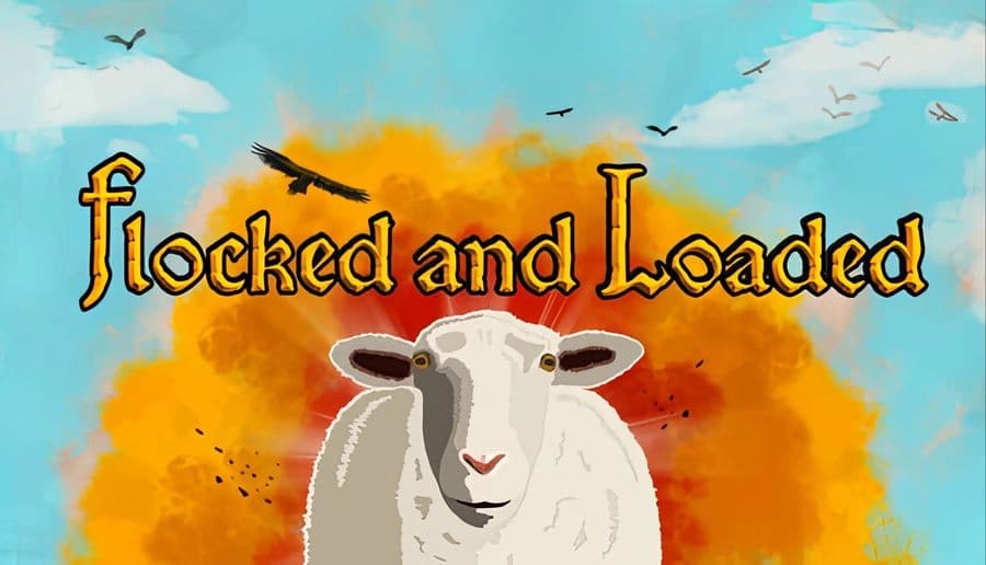 Flocked and Loaded: close-up white sheep facing forward under fiery orange smoke clouds and blue sky with birds.