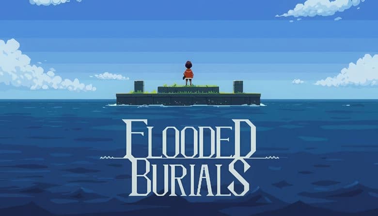 Flooded Burials: Young girl in red dress stands on grassy platform in vast ocean under blue sky with fluffy clouds.
