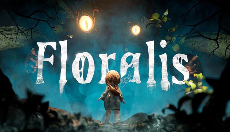 Floralis: A young girl stands in a misty forest, staring at floating eyes among twisted branches and scattered luminous leaves.