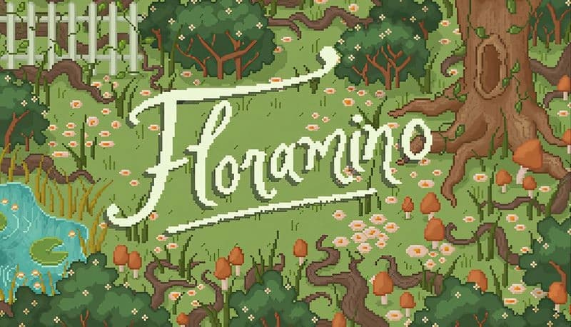 Floramino: Lush forest with tall trees, colorful mushrooms, blooming flowers, and a small pond under a bright sky.