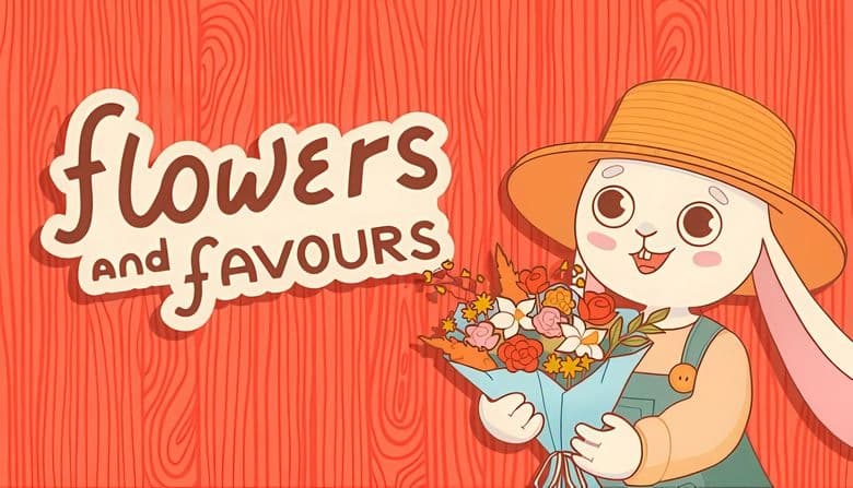 Flowers And Favours: Cute white rabbit in a straw hat holds colorful bouquet against red wooden backdrop, smiling warmly.