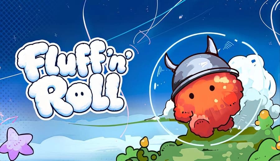 Fluff'n'Roll: round red creature with gray horned helmet rolling on grassy hills under blue sky with clouds.