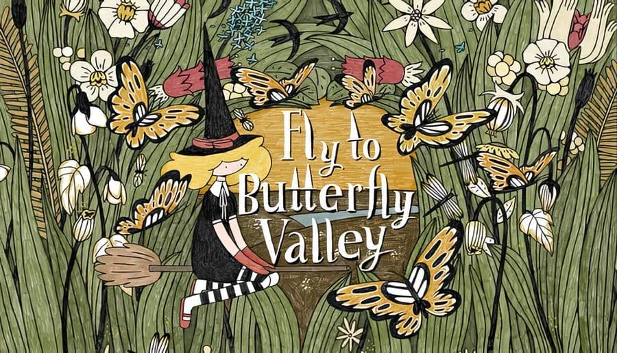 Fly to Butterfly Valley: young girl in black dress stands in tall grass among orange butterflies and white flowers.