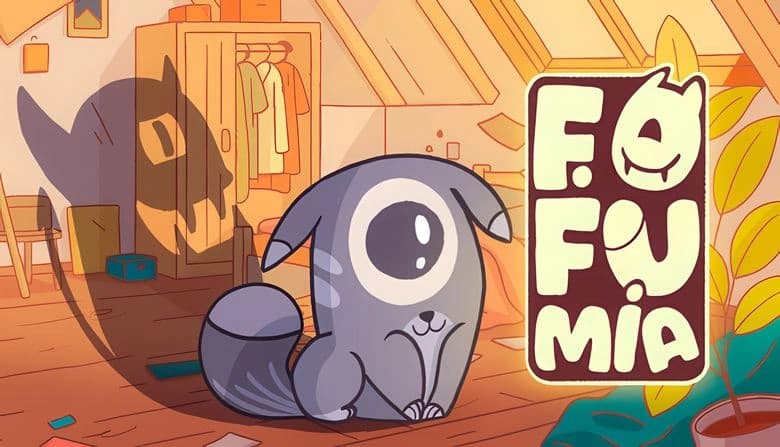 A gray, one-eyed kitten sits adorably in a cluttered attic filled with toys and clothes, casting a demon-like shadow.