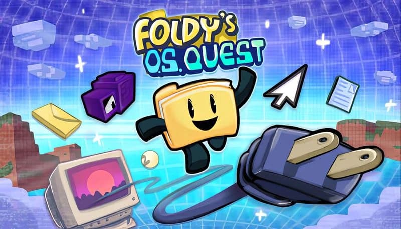 Foldy's OS Quest: Smiling folder character jumping with retro tech and digital landscape in vibrant, pixelated setting.