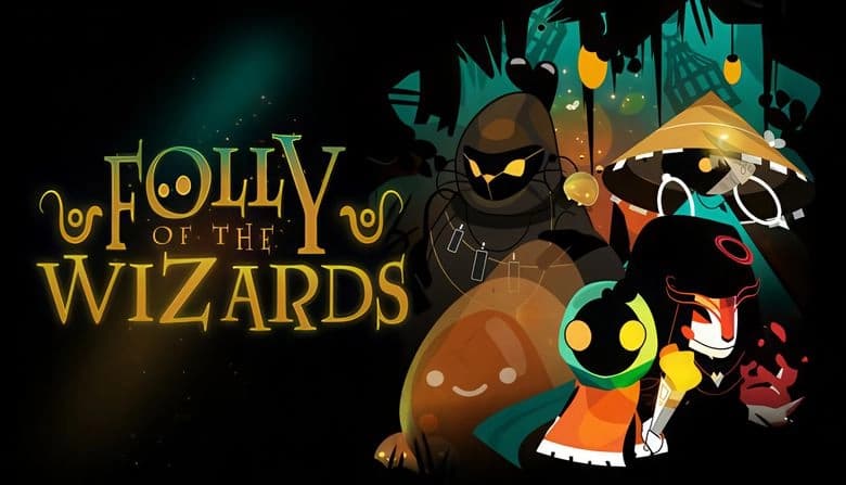 Folly Of The Wizards: Samurai, ninja, slime, and others in colorful attire stand in mystical forest with glowing elements.
