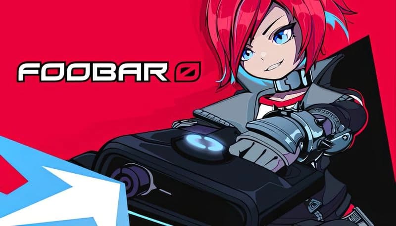 Foobar Zero: Red-haired anime girl in futuristic armor grips large weapon, intense gaze, vibrant red backdrop.