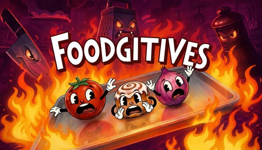 Foodgitives: terrified tomato, cinnamon roll, and onion run on a tray through flames under angry utensils above.