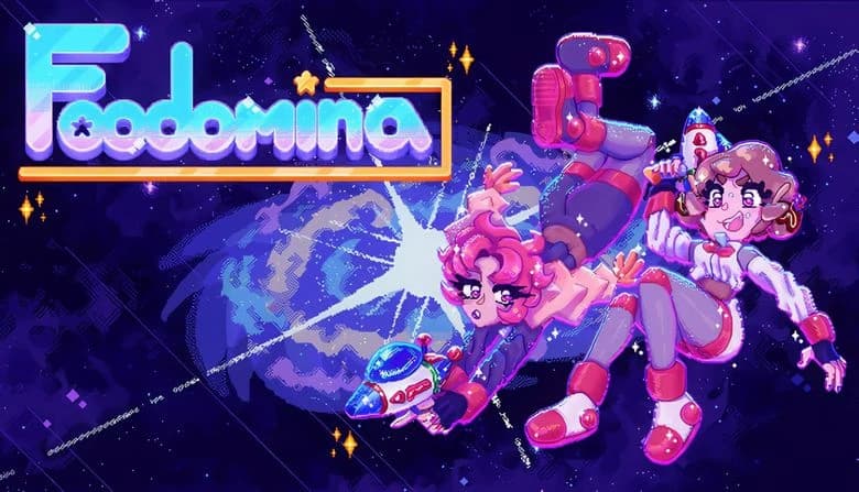 Two young girls in futuristic colorful outfits float against a cosmic backdrop, holding ray guns. Stars twinkle around.