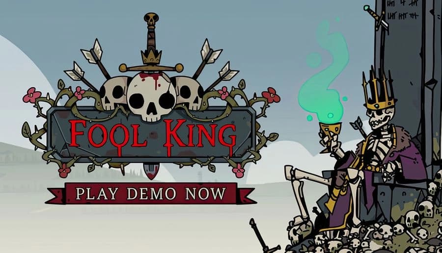Fool King: bony crowned king on skull throne holds scepter and green flame, beside skull banner on gray hill.