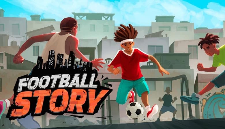 Three young boys play soccer in an urban setting with tall buildings behind them. One controls the ball while others chase.