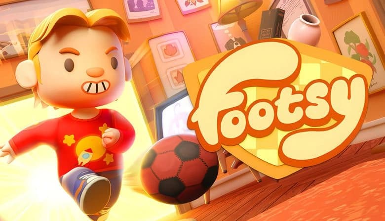 Footsy: Young boy in red shirt kicks soccer ball inside cluttered room with scattered furniture and glowing TV screen.