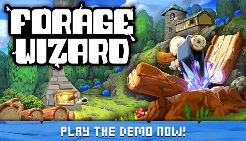 Forage Wizard: Robot attacks exploding log in vibrant forest with stone chimney, cottage, and tiny mushrooms nearby.