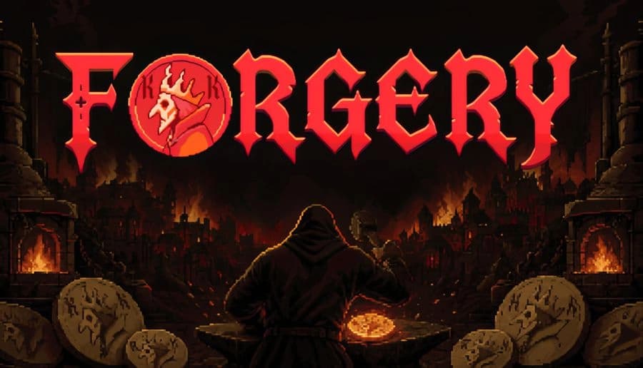 Forgery: Hooded man at workbench with coins and tools, facing a burning medieval city with smoke and flames.