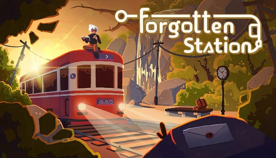 Forgotten Station: young woman sits atop a red train holding a phone at a sunlit station with trees and hills.