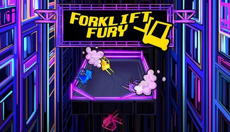 Forklift Fury: Colorful forklifts drift in a neon-lit arena with smoke trails, set against a vibrant neon city backdrop.