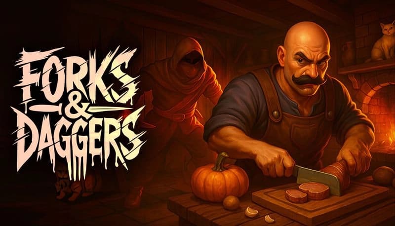 Forks and Daggers: Bald man slices meat on a wooden table, watched by a hooded figure in a dimly lit kitchen with pumpkin.