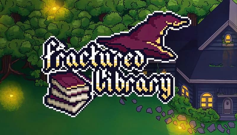 Fractured Library Demo: Pixelated dragon atop books with glowing lights near a house in a dense, green, forested setting.