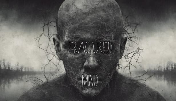 Fractured Mind: Cracked head amid twisted branches and misty, reflective lake lined with barren trees in the background.