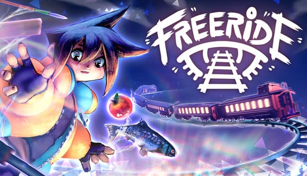 FREERIDE: Blue-haired character reaches forward, floating beside apple, fish, and winding train in a vibrant scene.