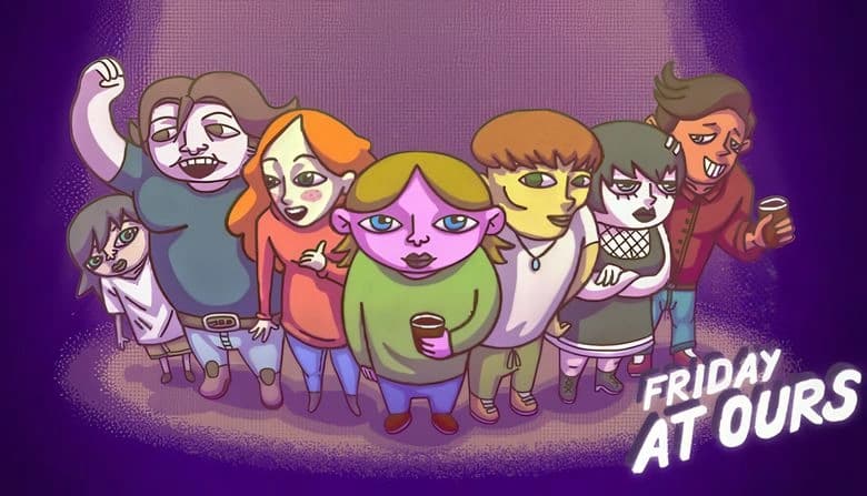 Seven stylized characters stand relaxed, each holding a drink. Central girl has pink skin, blond hair, green sweater.