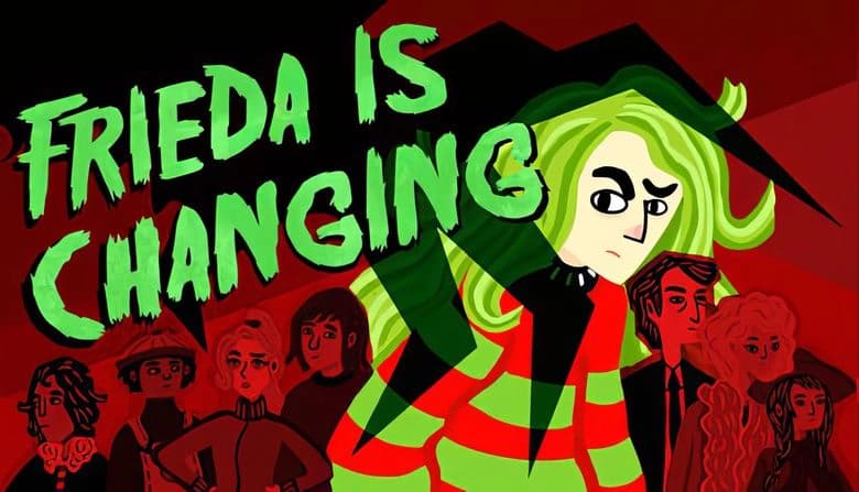 Frieda is Changing: Young girl with green hair stands defiantly in front of mysterious figures in a bold, red-toned scene.
