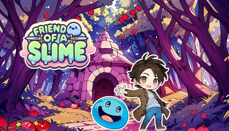 Friend of a Slime: Young boy with smiling slime in enchanted forest near stone hut, surrounded by vibrant red apple trees.