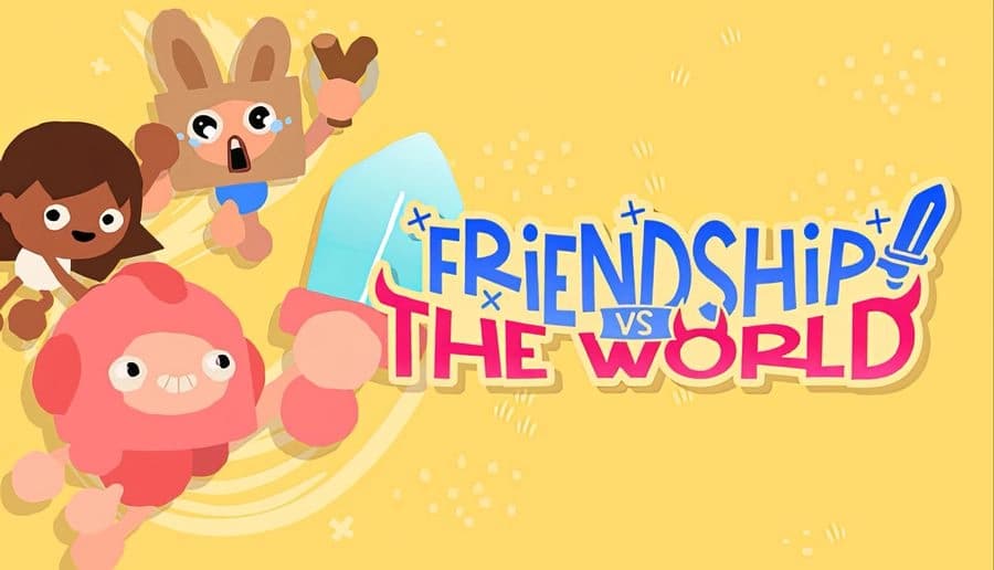 Friendship vs The World: Cartoon boy and pink bear peek at game title on yellow background with sparkles.