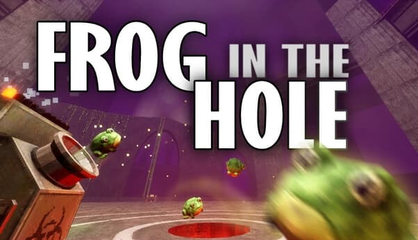 FROG IN THE HOLE!: Large white title beside a red swirling hole pulling in green frogs on a dark background.