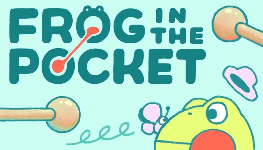 Frog In The Pocket: Green frog head with wide eye and red cheek, surrounded by pink flowers and drum mallets on aqua background.