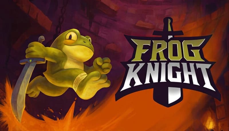 Frog Knight: A green frog knight with a talking sword leaps confidently into a dark, fiery dungeon, ready for adventure.
