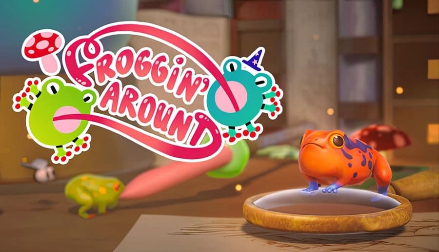 Froggin' Around: Orange frog with blue spots on a desk among scattered mushrooms in a cozy room, wearing a playful expression.