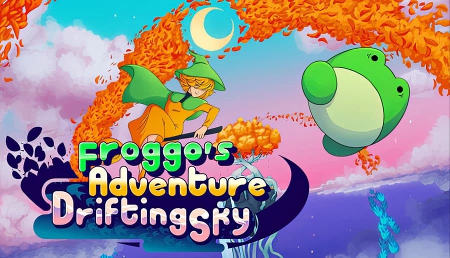 Froggo’s Adventure: hooded young girl leaping over title letters, green frog floats in pastel sky with clouds.