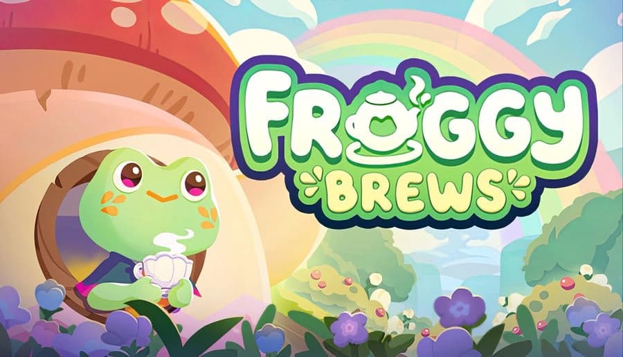 Froggy Brews: smiling green frog holds a teacup beside purple flowers under a pastel rainbow sky backdrop.