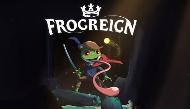 Frogreign: A sword-wielding frog with a hat and cape explores a dark cavern with glowing orbs, hinting at adventure.