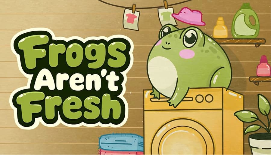 Frogs Aren’t Fresh: Smiling green frog in a pink beret sits on a washing machine in a cozy laundry room shelf backdrop.