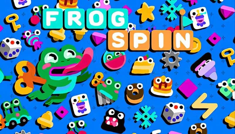 Frogspin: Wind-up frog with key surrounded by colorful icons like keys, crowns, and stars on vibrant blue backdrop.