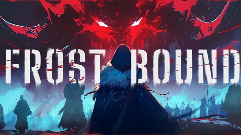 FrostBound: Hooded figure in winter cloak faces giant red eyes in icy wasteland, surrounded by shadowy figures in distance.