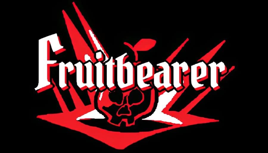 Fruitbearer: red skull with cracked fruit segments and jagged streaks under bold title on black background.