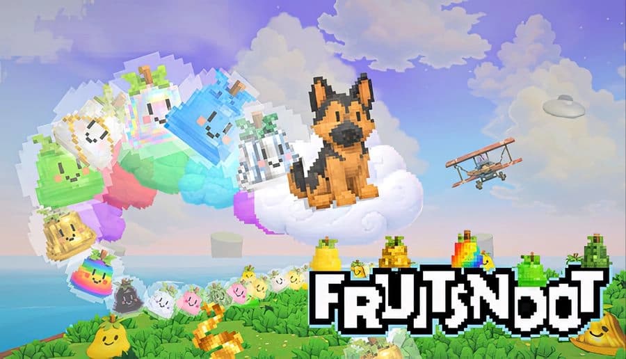 FruitSnoot: Pixel dog on a cloud above colorful fruit creatures, with a small biplane flying over rolling hills.
