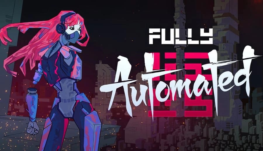 Fully Automated: Robot warrior with red hair stands confidently in futuristic city, ready for action amidst glowing lights.