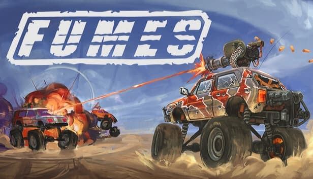Armored truck with large wheels fires turret at exploding car; flying vehicle hovers in desert.