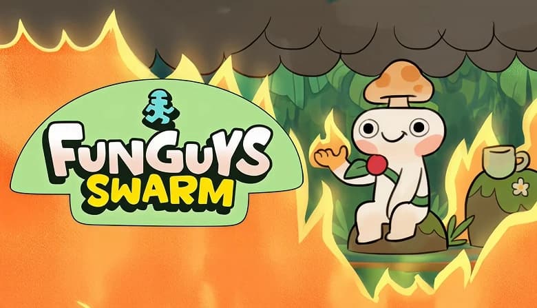 A cartoon mushroom character with rosy cheeks and a mushroom hat sits calmly amid flames, holding flames, teacup nearby.