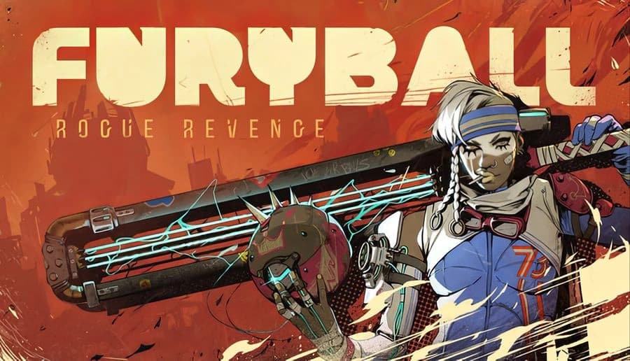 Furyball: Woman with blue headband holding huge sci-fi cannon, sparks and debris flying on red background.