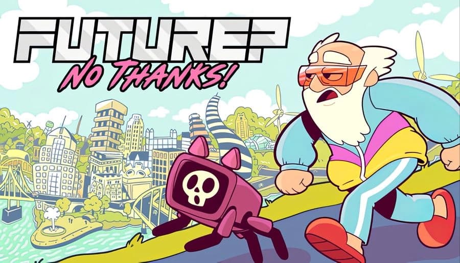 Future? No Thanks!: old man running beside skull-faced robot dog in bright futuristic city with green parks and towers.